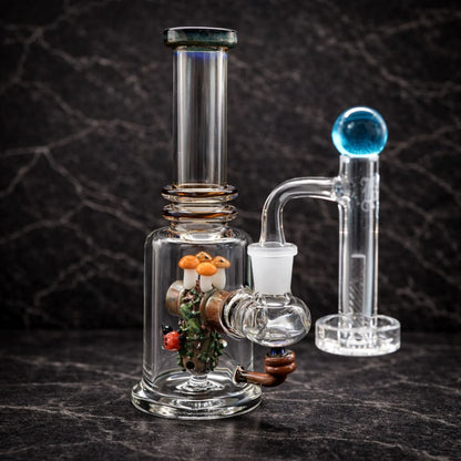 Side view of Renew the Redwood glass dab rig with terp slurper, Marble and Pillar