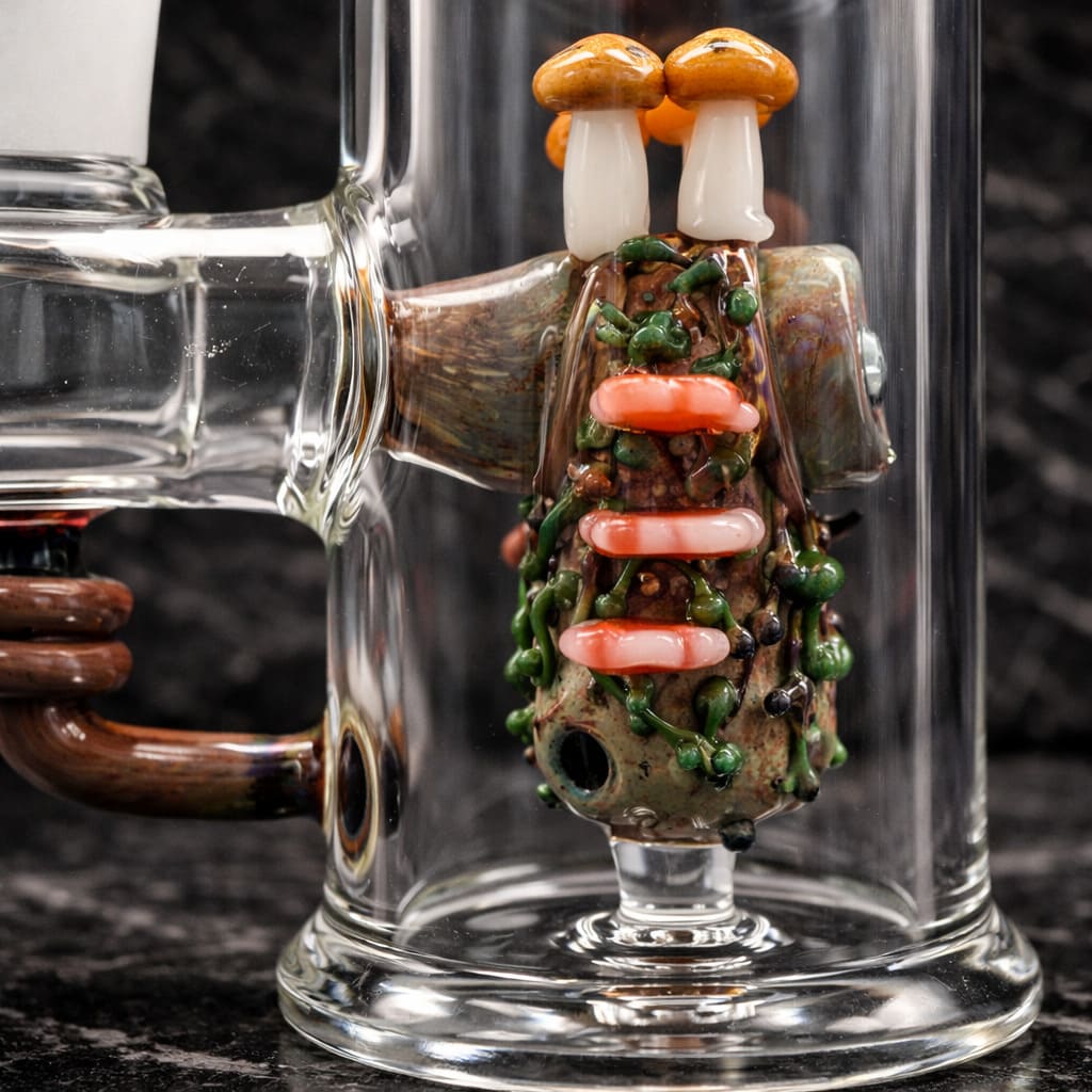 Close-up of borosilicate glass structure and craftsmanship of Renew the Redwood dab rig