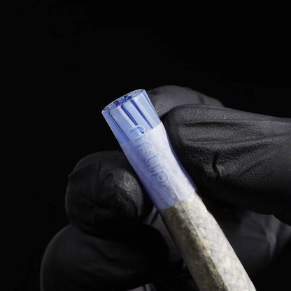 RipTip Glacial Grape glass tip for joints with icy light purple and blue design in use