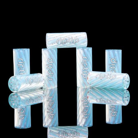 RipTip Meta V3 borosilicate glass tip with white, ice blue and clear swirl design.