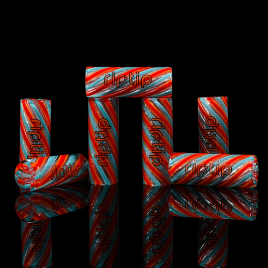 RipTip x Gordo Scientific Rocket Pop borosilicate glass tip with red, orange, blue and clear swirl design.