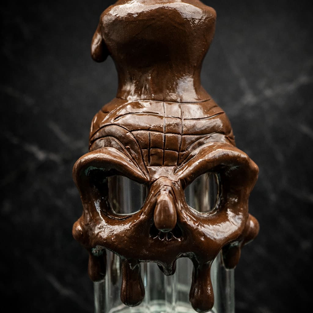 Detailansicht eines schmelzenden Schädelmotivs an einem Glas Dab Rig im Studio