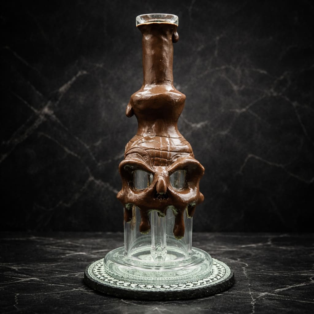 Skull Dab Rig aus Glas mit schmelzender brauner Oberfläche in dunkler Studioaufnahme