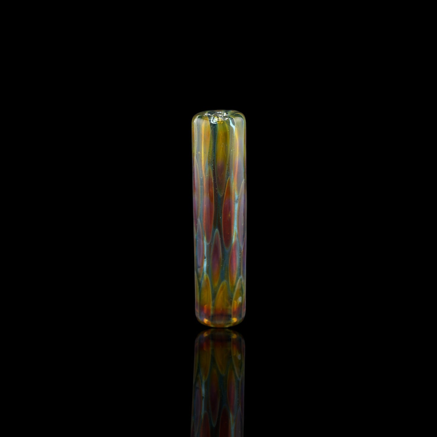 SteveHGlass Aurora Vein borosilicate glass tip in 11.8 mm with iridescent green, yellow, orange and red design on black background.