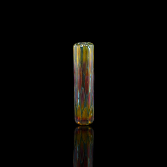 SteveHGlass Aurora Vein borosilicate glass tip in 11.8 mm with iridescent green, yellow, orange and red design on black background.