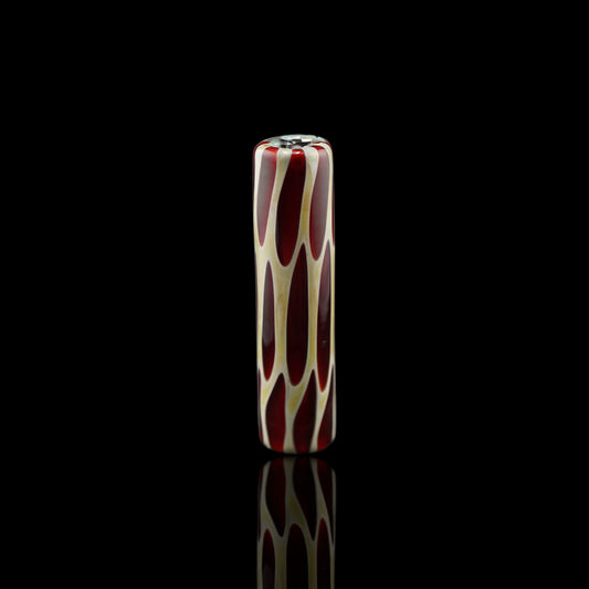 SteveHGlass Crimson Vein borosilicate glass tip in 9.7 mm with deep red and cream line design on black background.