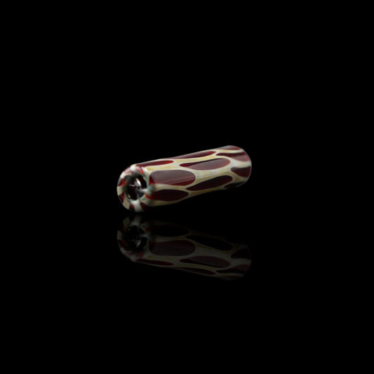 SteveHGlass Crimson Vein 9.7 mm glass tip in side view with deep red and cream vein pattern.