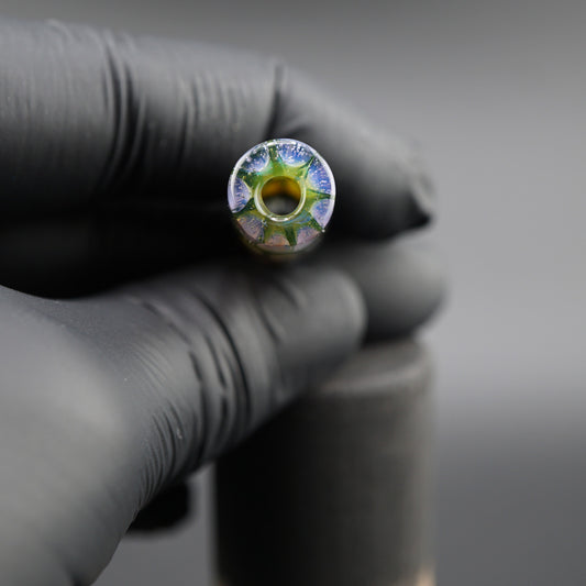 SteveHGlass 11 mm glass tip held in hand showing the front opening and detailed iridescent borosilicate glass finish.