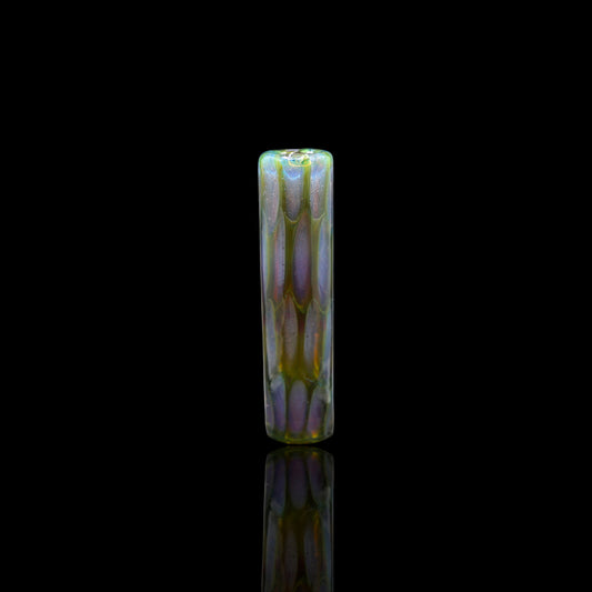 Handmade SteveHGlass borosilicate glass tip in 11 mm with iridescent purple, green and yellow design on black background.