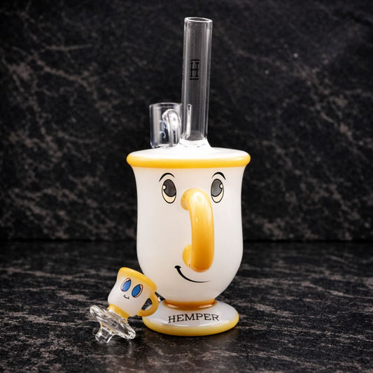 Tea cup dab rig side view with showerhead percolator and glass handle