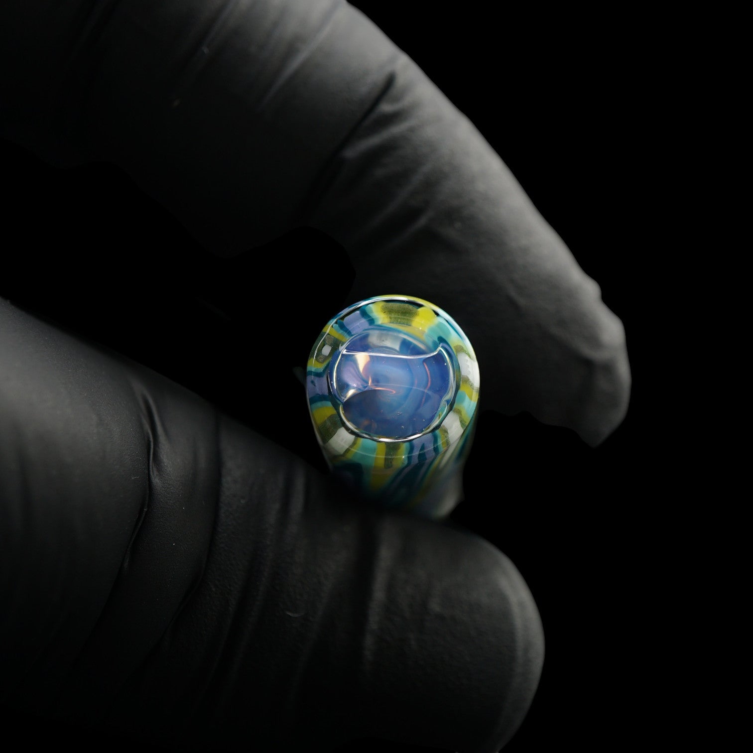 Close-up of the translucent blue Rotini filter inside the Tyeglassarts Arctic Stream glass tip