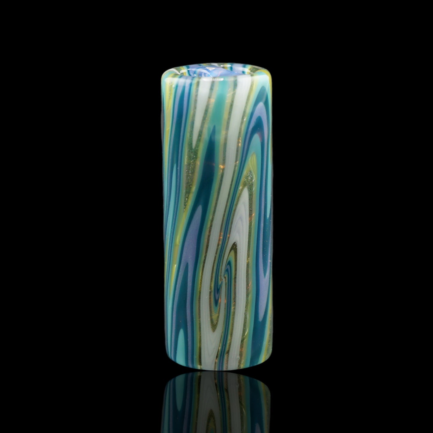 Standing Tyeglassarts Arctic Stream glass tip with layered aqua navy white and violet stream pattern