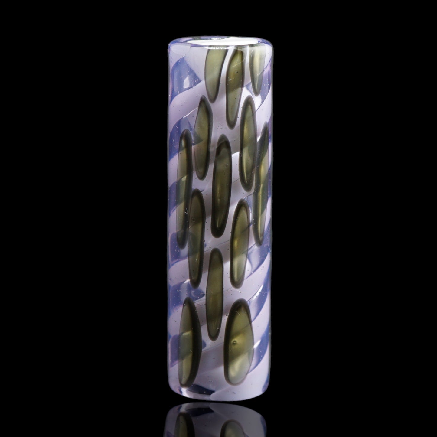 Collector glass tip featuring translucent lavender glass, olive inlays and handcrafted spiral borosilicate artwork by Tyeglassarts