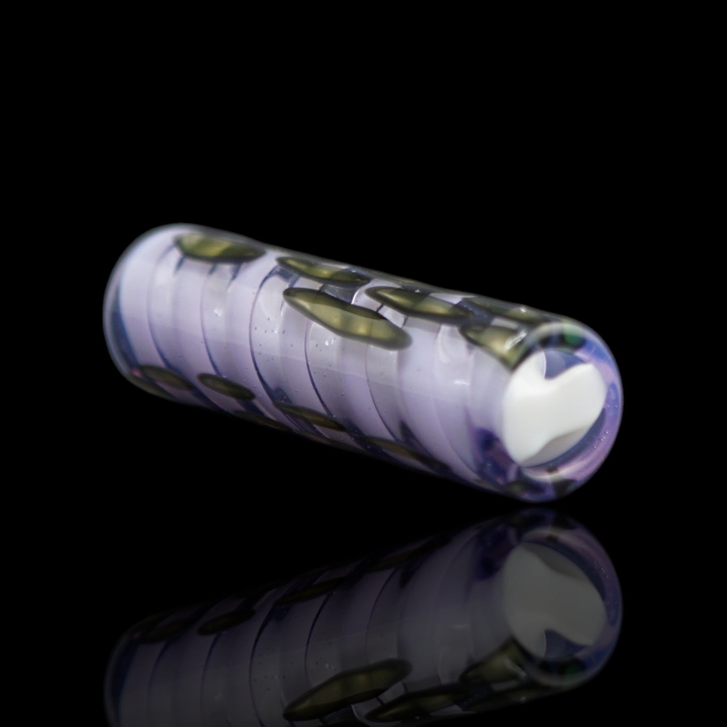 Handcrafted Ghost Orchid glass tip by Tyeglassarts with translucent lavender borosilicate glass and olive botanical inlays