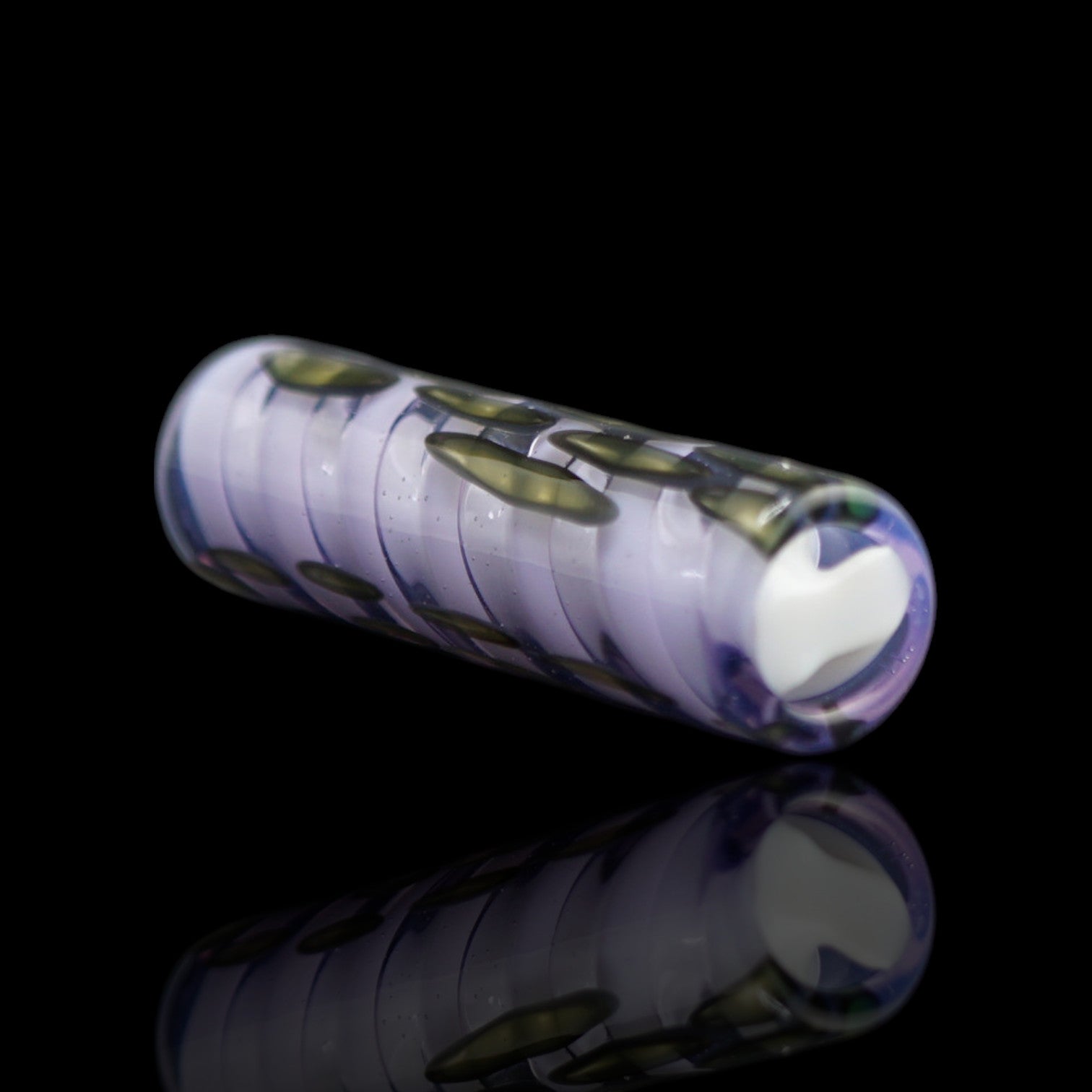 Handcrafted Ghost Orchid glass tip by Tyeglassarts with translucent lavender borosilicate glass and olive botanical inlays