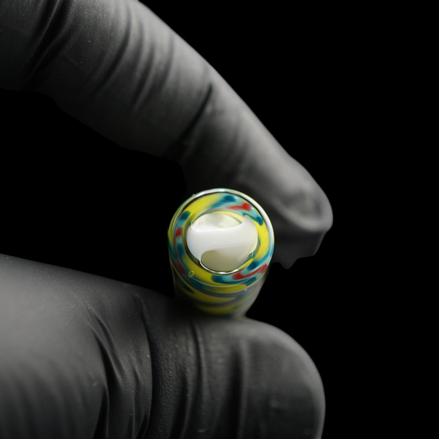 Front view of the Tyeglassarts Lemon Mirage glass tip showing the white internal filter system
