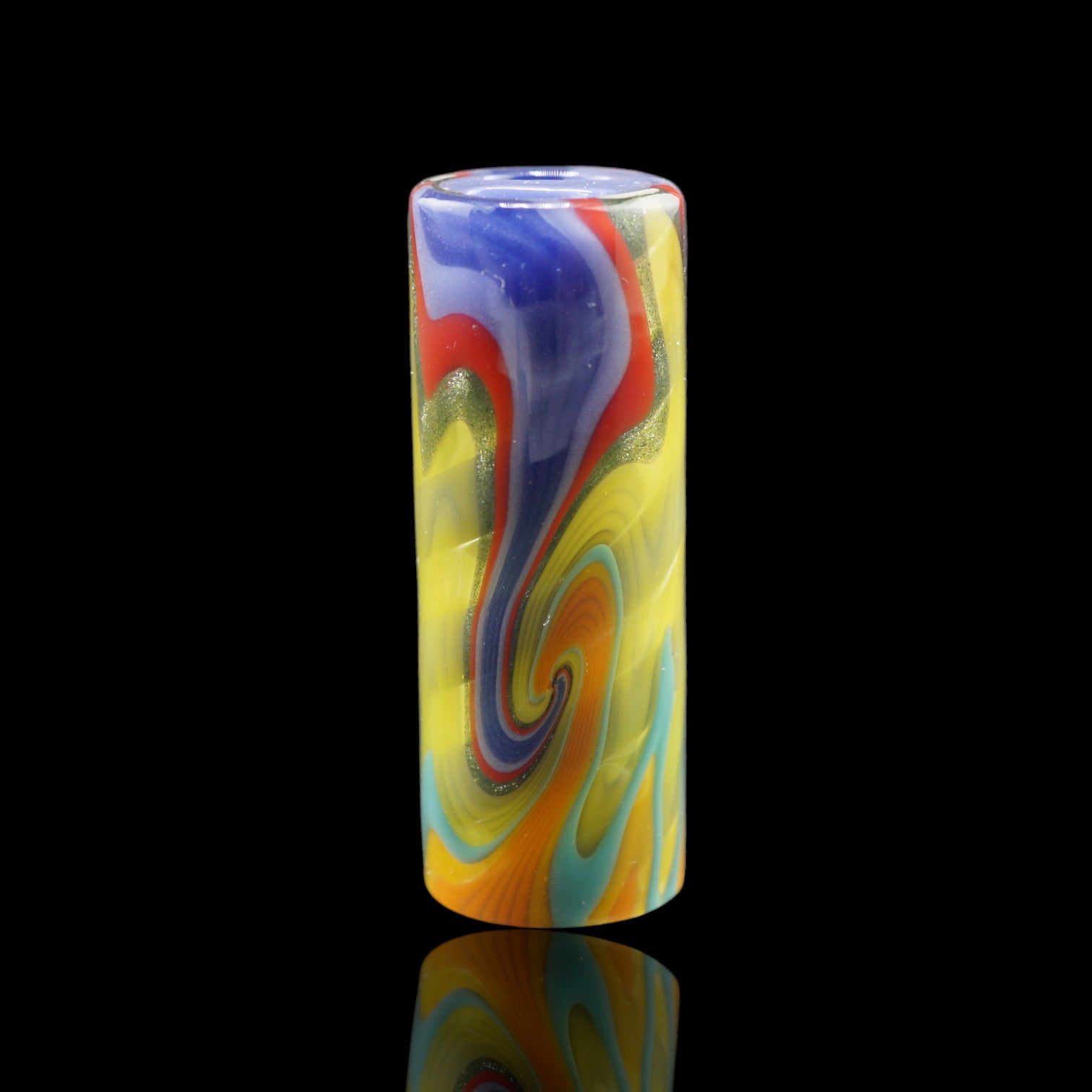 Front view of the Tyeglassarts Lime Tempest glass tip with lime yellow and purple swirl design