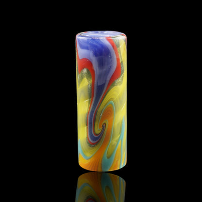 Front view of the Tyeglassarts Lime Tempest glass tip with lime yellow and purple swirl design