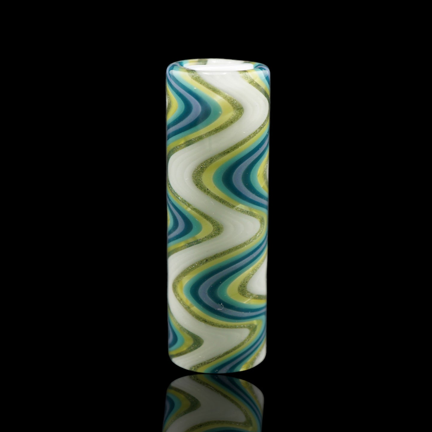 Front view of the Tyeglassarts Ocean Mist glass tip with white, turquoise and lime swirl design
