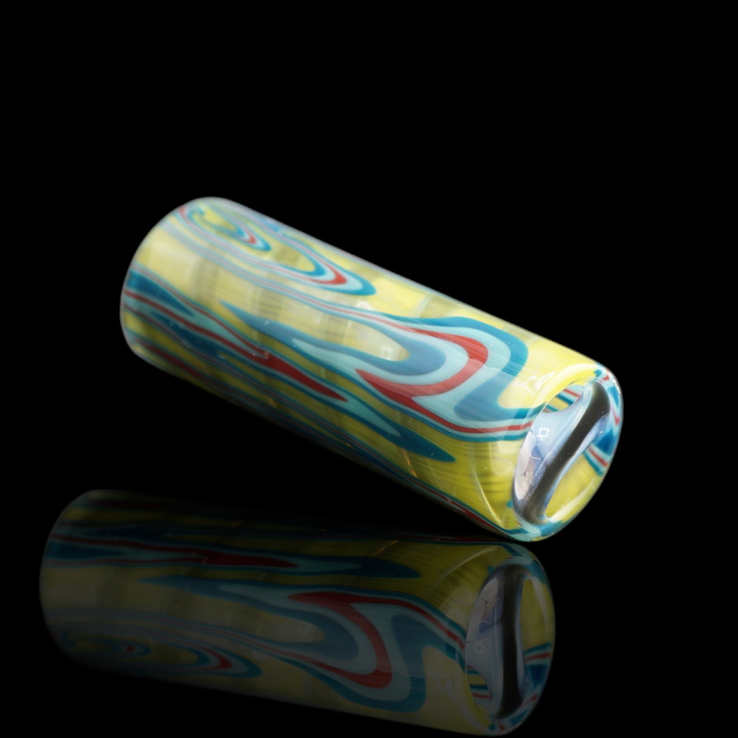 Handmade Tyeglassarts Paintflow glass tip with flowing yellow, turquoise, blue and red color pattern