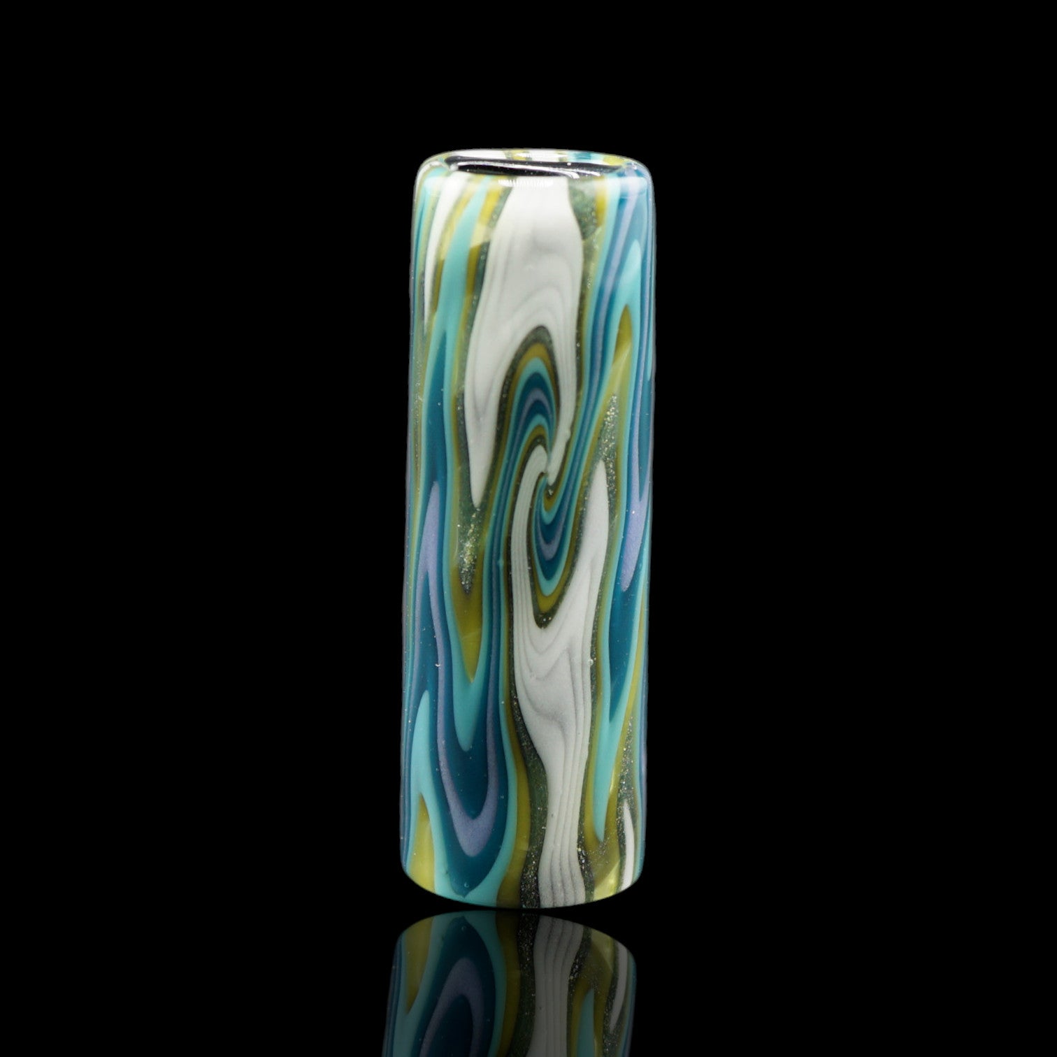 Front view of the Tyeglassarts Polar Lagoon glass tip with turquoise, white and lime swirl design