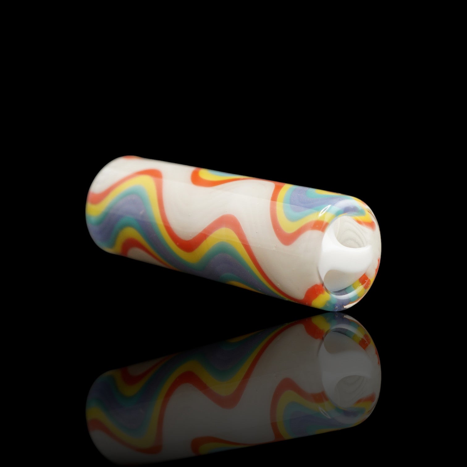 Side view of Tyeglassarts Rainbow Vortex glass tip for joints with rainbow linework