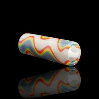 Side view of Tyeglassarts Rainbow Vortex glass tip for joints with rainbow linework
