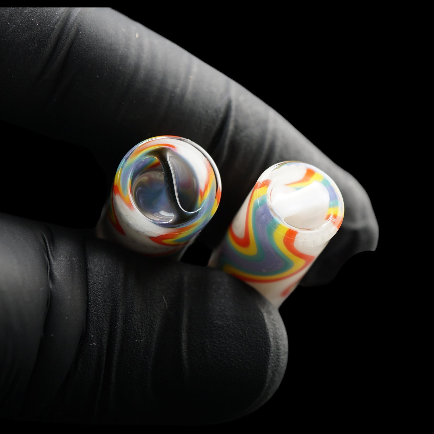 Close-up of the spiral Rotini filter inside the Tyeglassarts Rainbow Vortex glass tip