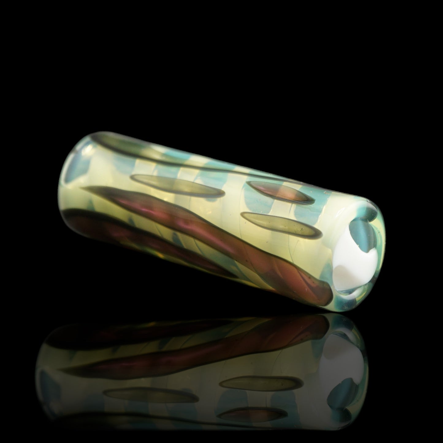 Handmade Tyeglassarts Relic glass tip featuring bronze mineral patterns with olive accents on clear borosilicate glass