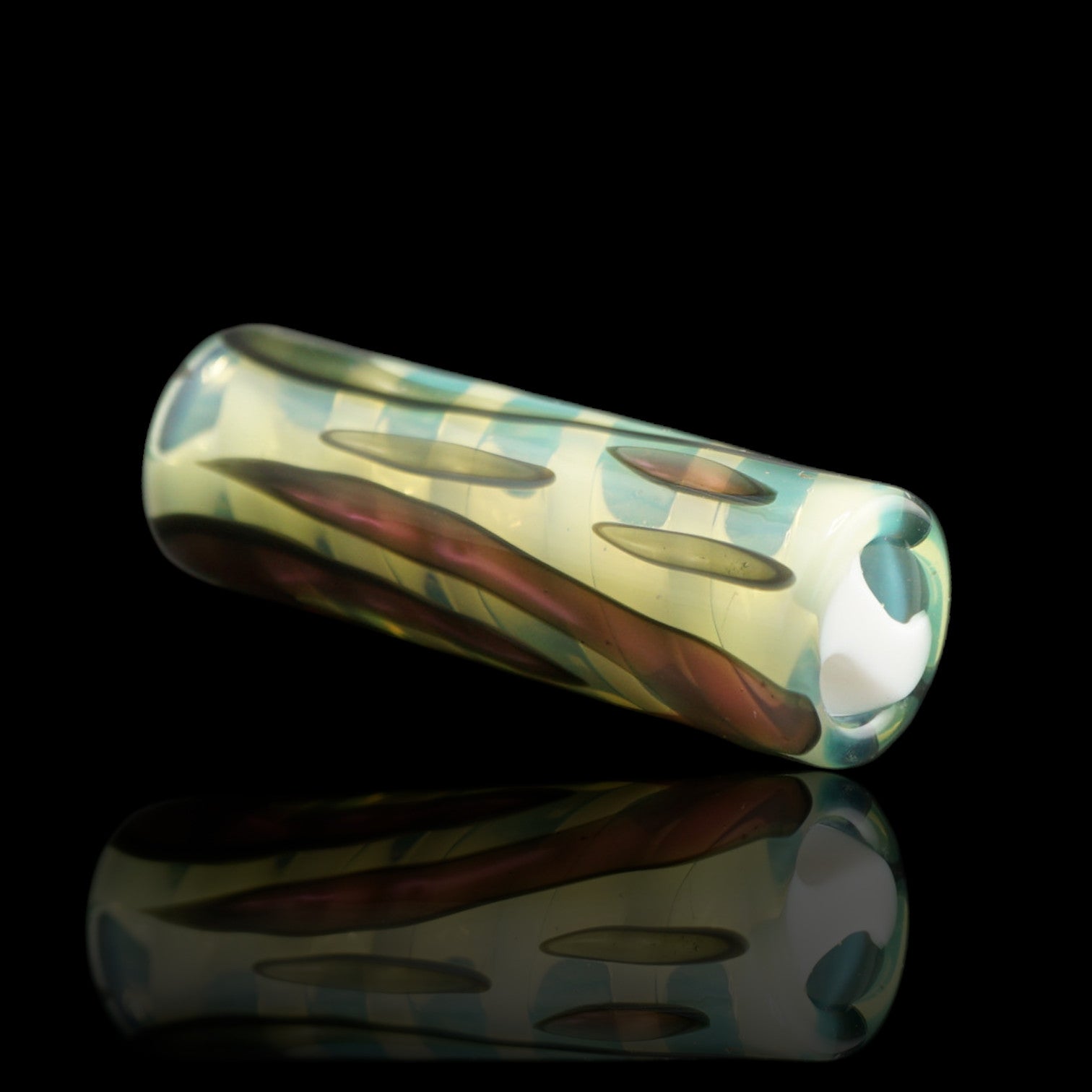 Handmade Tyeglassarts Relic glass tip featuring bronze mineral patterns with olive accents on clear borosilicate glass