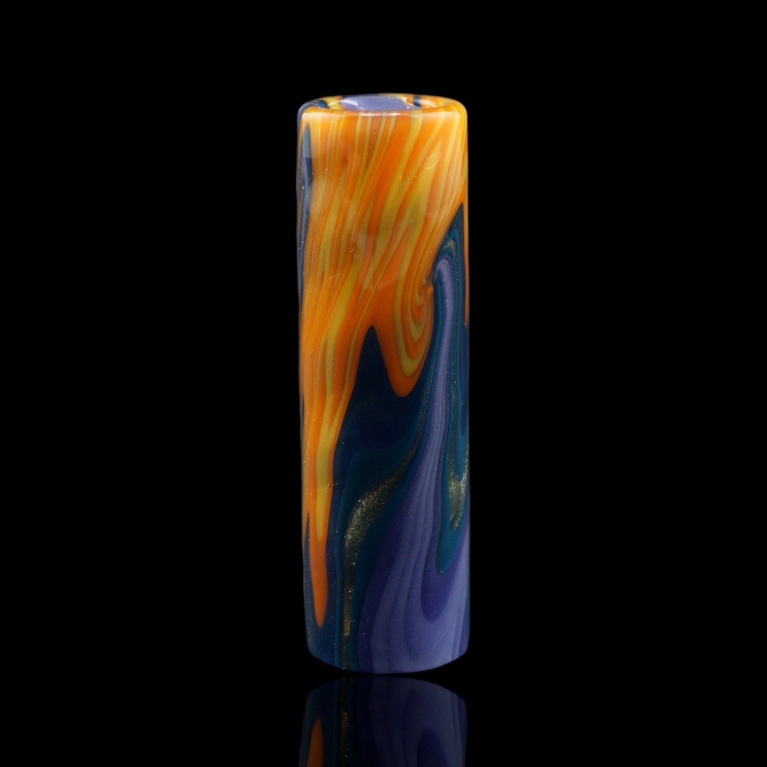 Front view of the Tyeglassarts Solar Tide glass tip with orange and blue linework pattern